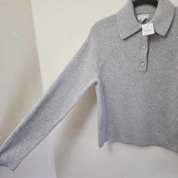 J Crew Wool Collared Polo Sweater Extra Soft Rhinestone Buttons Cropped Size S - Picture 6 of 10